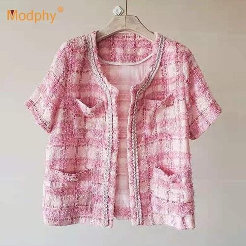 Women Tweed Jackets 2021 Korean Chic French Temperament Raw Edges Embellished Single-Breasted Short-Sleeved Coat Top