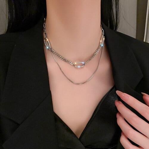 VSnow Hiphop Double Layer Geometrical Chokers Necklace for Women Statement Rhinestone Chunky Chain Necklace Fashion Jewelry