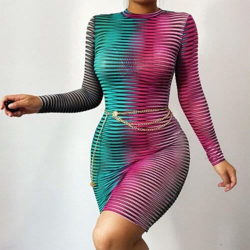 Women Dresses Mesh Perspective Round Neck Long Sleeve Print Knit Bodycon Sexy Casual Party Mini Dress Summer