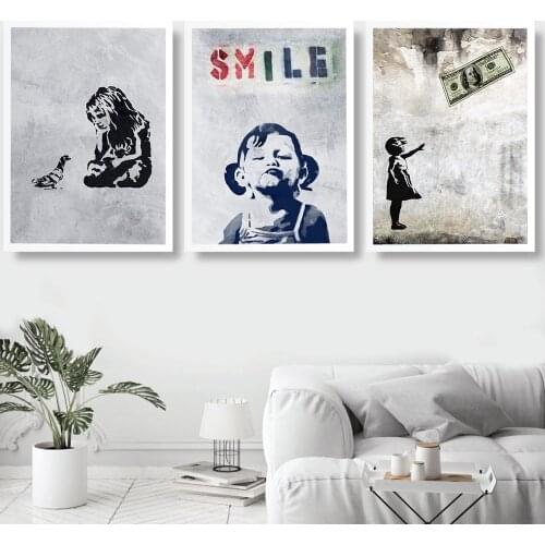 Abstract Banksy Graffiti Art Canvas Painting Posters and Prints Smile Quote Little Girl Boy Money Wall Canvas Picture Home Decor