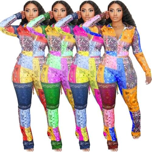 Adogirl Fashion Women Bandana Print Two Pieces Set Long Sleeve Zipper Jacket Flare Split Pants Suit Casual Fitness Tracksuits