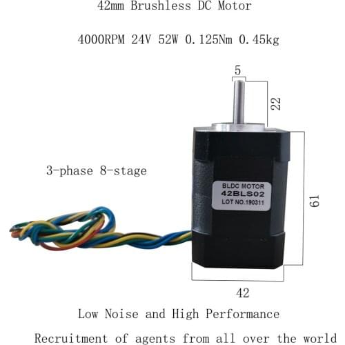42BLS02 DC Brushless Motor 3.3A 52W Length: 61mm 24V 0.125Nm 4000rpm 3-Phase 8-stage 42 BLDC Motor With hall sensor