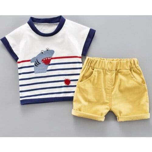 Children Suit Striped Print Baby Set Shark Short Sleeve Cotton Shirt Tops O-neck Blouse T-shirt+Shorts Set