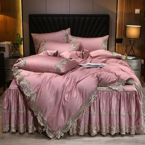 Elegant Chic Lace Egyptian Cotton Soft Bedding Set Royal Princess Solid Color Duvet Cover Bedskirt Pillowcase Queen King size