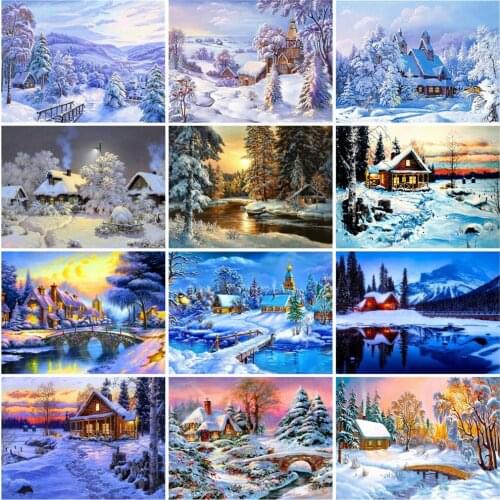 HUACAN DIY Frame Paint By Number Winter Landscape For Adults Picture By Numbers House Snow Acrylic Paint On Canvas Home Decor