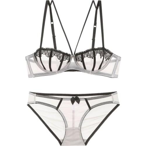 Lace Embroidery Transparent Mesh Half Cup Bra and Panties Set Sexy Underwear with Stones Unlined Women Lingerie Summer 2020 New