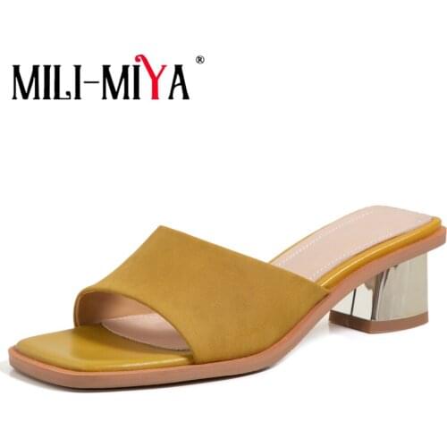 MILI-MIYA Summer Block Heels Slippers High Quality Kid Suede Women Simple Fashion Square Toe Sandals Slip On Comfy Outdoor Shoes