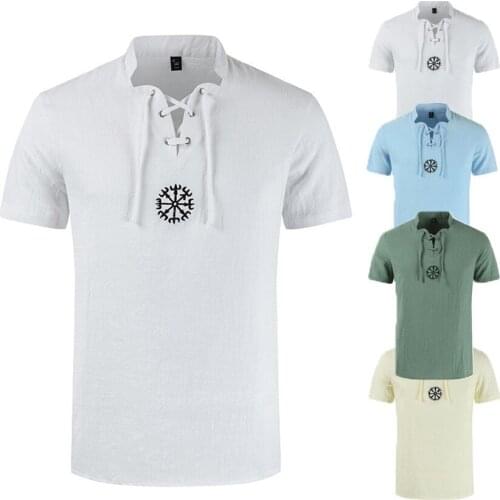 Men Medieval Costume Linen Shirt Embroidered Cosplay Knight Bandage Top V-neck Short Sleeve Solid Color Cotton Retro Clothes