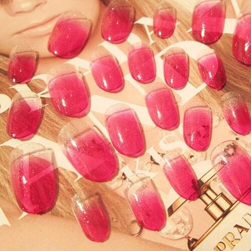 24 Pcs/Set Pink Red Series False Nail Patch Laser Gradient Light Change Nail Art Finished Nail Metal Diamond Element False Nail