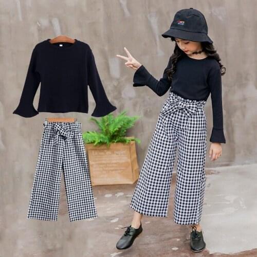 Girls Clothes Spring Autumn New Long-sleeved Bottoming Shirt Wide-leg Pant Suit Children Flared Sleeve Top and Plaid Pants Suit