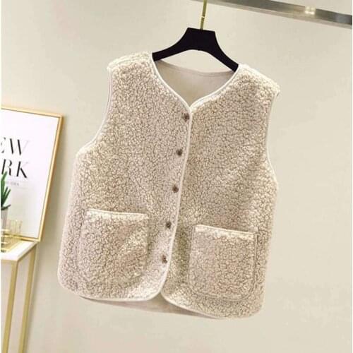 2021 Autumn Fleece Waistcoat Women Winter White Vest Ladies Warm Thick Sleeveless Jacket lambswool Vests Pocket Female