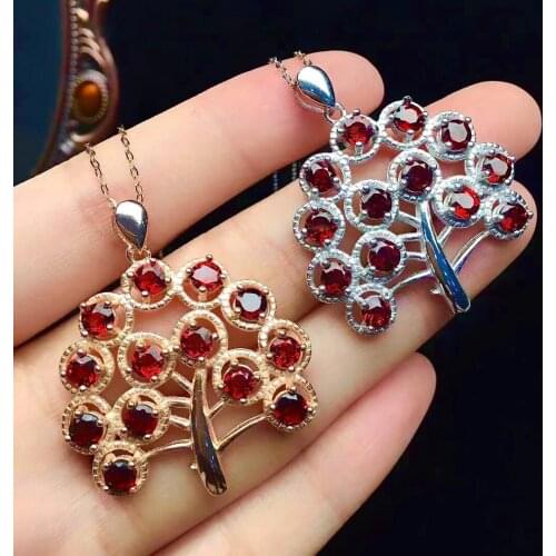Fashion Silver Tree Pendant for Party 100% Natural Garnet Necklace Pendant 925 Sterling Silver Garnet Jewelry Gift for Girl