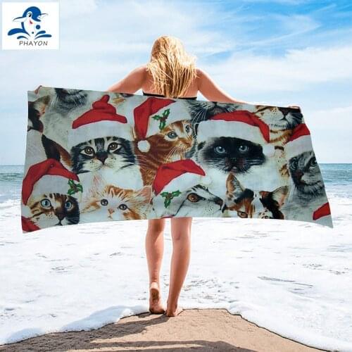 PHAYON Surf Poncho Christmas Cat Microfiber Bath Towel Animals Large Beach Towels Soft Beach Mat Quick Dry Sport Towel Adults