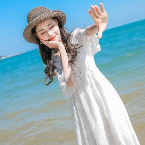 Casual Sweet Lace Up Embroidered V-neck Half Trumpet Sleeve A-line Simple Plus Size Summer Party White Dress