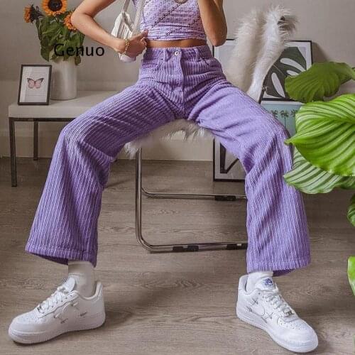 Casual Solid Straight Purple Corduroy Pants Vintage Straight Long Trousers Baggy High Waist Pants Women Sweatpants