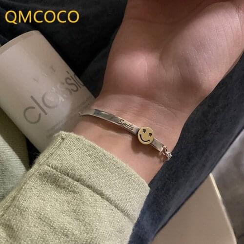 QMCOCO 925 Silver Punk Smiling Face Simple Bracelet For Women Creative Personality Design Hip-Hop Bracelet Jewelry Gifts