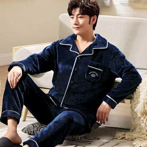 Winter luxury pajamas set flannel large size solid color lapel pajamas family thick warm pajamas & mens casual home wear