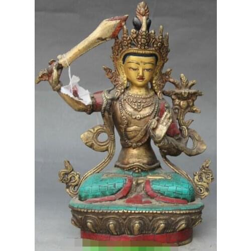 S01692 Tibet Buddhism Turquoise Red Coral Bronze Gilt Wenshu Manjushri Goddess Statue