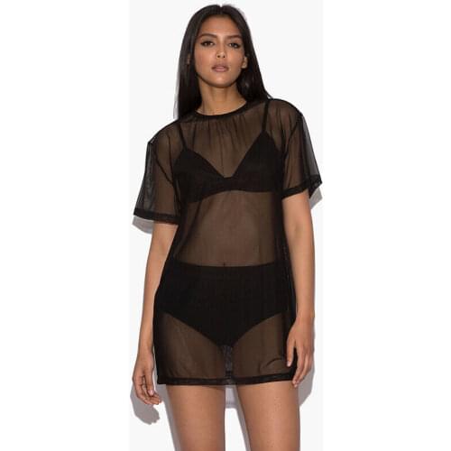 Sexy Ladies Black Shirts Women Soft Solid Hollow Out T-shirts Short Sleeve Female See Through Summer Sexy Cover Up Shirts