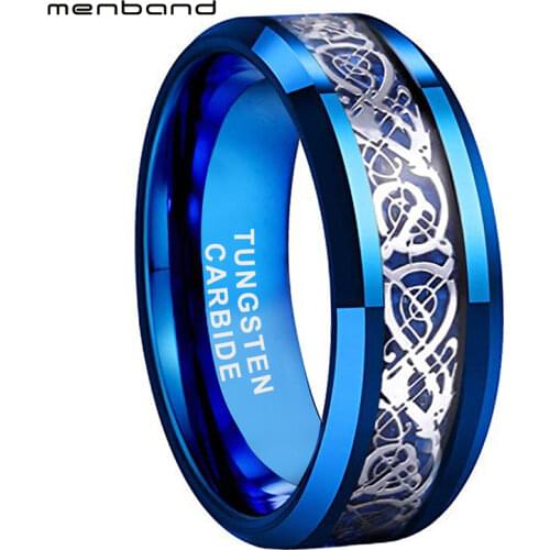 Blue Tungsten Carbide Ring Wedding Band For Men Women With Blue Cabon Fiber Steel Dragon Inlay 8MM Comfort Fit