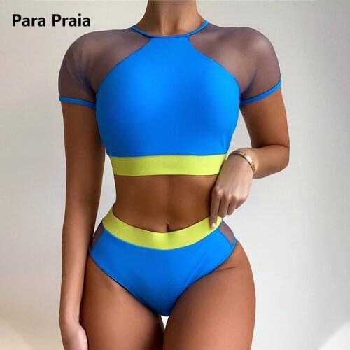 Para Praia 2021 Sport Swimwear Short Sleeve Bikinis Push Up Biquini High Waist Swimsuit Women Sexy Patchwork Bathing Suit