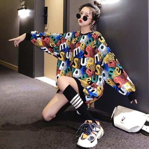 HOT Spring and Autumn Girl Hoodies Korean version Loose Letter Casual Crew neck Pullover Show thin Oversize All-match Fashion