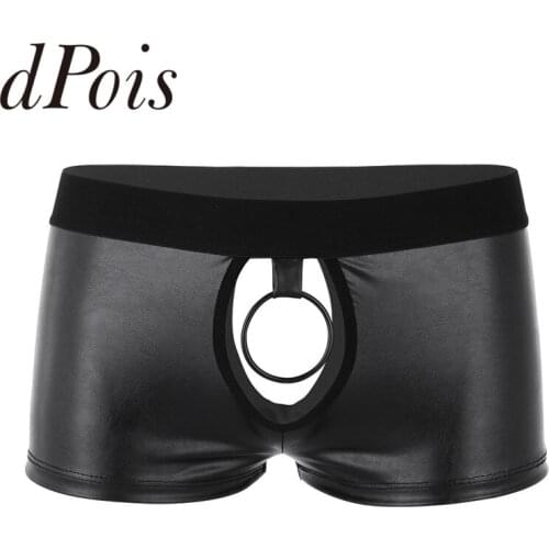 Mens Homme Soft Faux Leather Cut Out Low Rise Boxer Briefs Underwear with Ball Lifter Metal O-ring Male Underpants