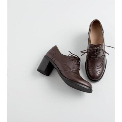 2021 spring new female broch deep-mouth toe layer cowhide round toe thick high-heel full leather lace-up low-top shoes