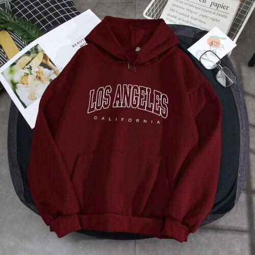 Letter Print Hoodie Cotton Sweatshirt with Pocket Los Angeles Oversized Slogan Graphic Streetwear Winter Clothes Women Fashion