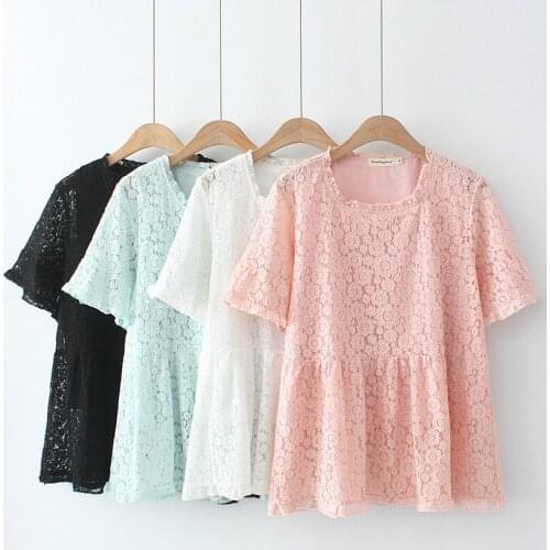 Womens Clothing Blouses&Shirts Plus Size Summer Show Thin Loose Flower Lace Short Sleeve Tops