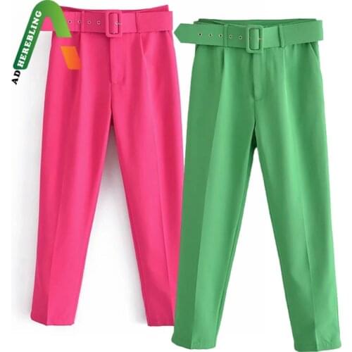 Adherebling Za Woman 2021 Casual Traf Trousers Summer Autumn High Waist Ankle Length Career Pants Belted Office Straight Pants