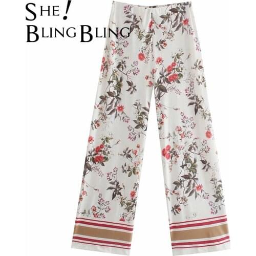 SheBlingBling Za Woman Floral Print Strip Panels Summer Elastic High Waist Ankle Length Casual Loose Straight Pants Female 2021