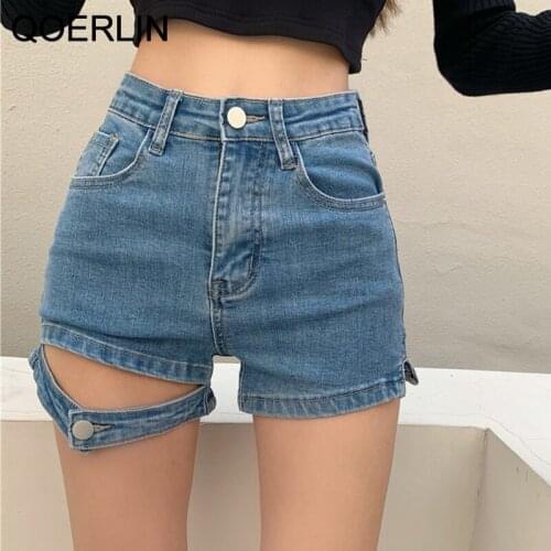 QOERLIN High Elastic Black Gothic Buckle Denim Shorts Women Cotton Punk Style Female Pocket Casual Shorts Streetwear Clubwear