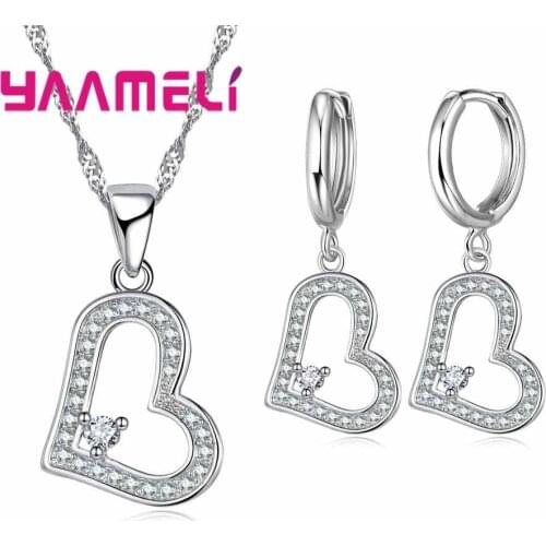 Micro Inlay 925 Sterling Silver Jewelry Sets for Women Wedding Party Gift Heart Design Necklaces Earrings Chain Set