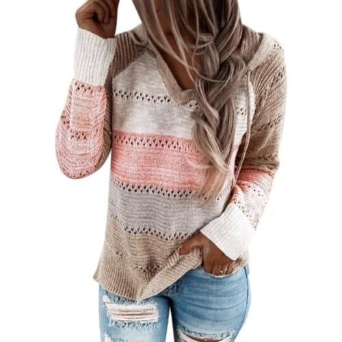 Women Casual Knitted Sweater Autumn Winter Hooded Color Patchwork Long Sleeve Sweaters Female Colthing