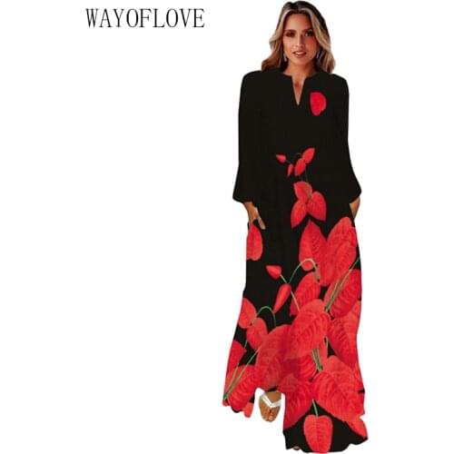 WAYOFLOVE Red Leaf Print Long Sleeve Black Dress 2021 Beach Casual Plus Size Long Dresses Woman Elegant Girls Autumn Dress Women