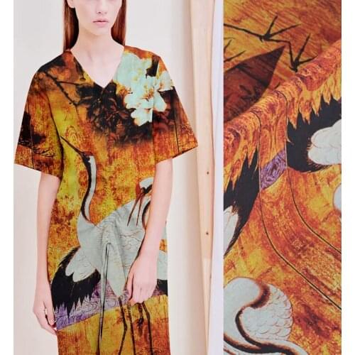 130*135CM 35MM Swan Print Golden Silk Linen Fabric for Summer Spring Jacket Dress Shirt Clothes J082