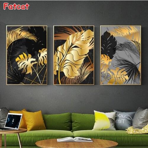 Black Golden Leaf diamond Painting Plants full square/round drill Abstract Wall Art Pictures 3 pcs Living Room Modern PP510