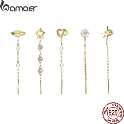 BAMOER 1PC Free Mix Earrings for Women 925 Sterling Silver Stud Jewelry with Chain Ear Piering Gold Color Jewelry SCE1089