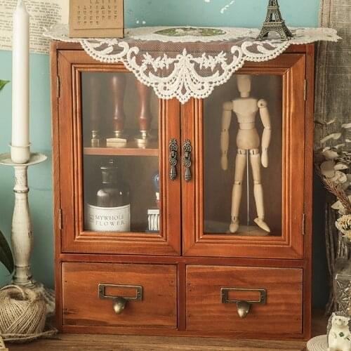 Wooden Retro Desktop Storage Desk Toiletries Cup Holders Large Capacity Double Door Design WF