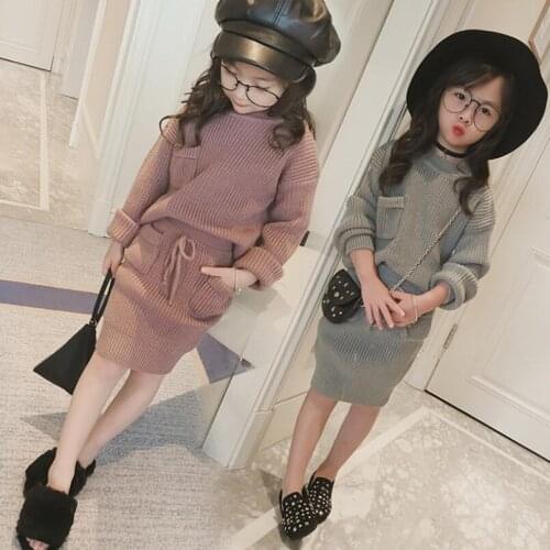 Spring Autumn Baby Toddler Childrens Clothes Kids Girl Clothing Set Long Sleeve Tops Knit Sweater + Bodycon Skirt 2 Pcs Suit