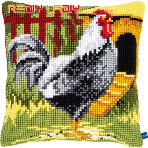 Cross Stitch Cushion Cover Black Rooster Pillow Case Pre-Printed Canvas Acrylic Thick Yarn Arts Cross-stitch Needlepoint Kits