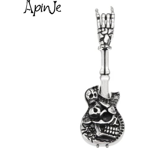 Apinje Thai Silver Skull Pendant for Men Women S925 Sterling Silver Guitar Skeleton Hip Hop Necklace Pendants Cool Punk Jewelry
