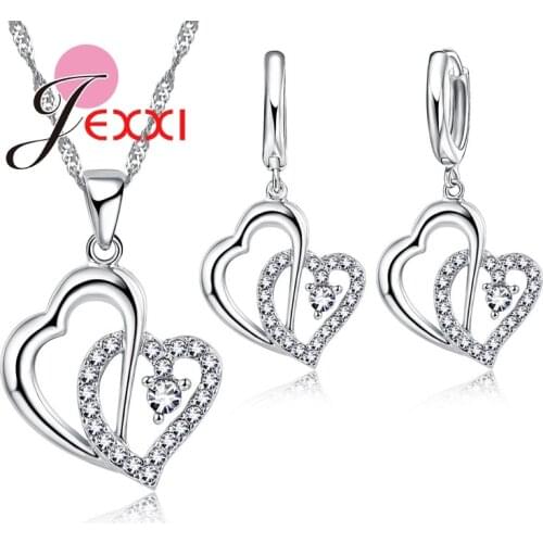 Best Gifts African Crystal Hollow Double Heart Pendant Necklace Earrings for Women Girl Bridal Wedding Jewelry Accesssory