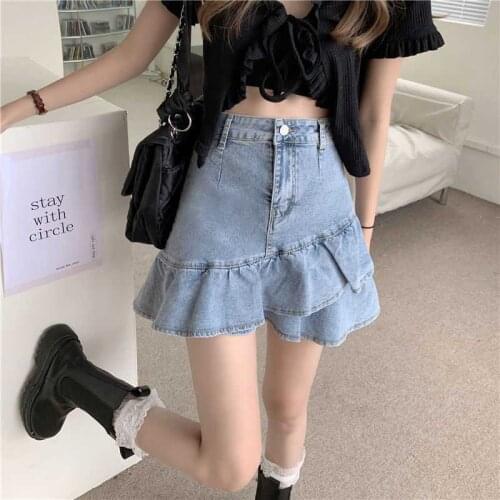 Denim Skirt Sweet Ruffles A-LINE Mini Skirts Korean Fashion Streetwear Ladies Short Skirts Jeans Casual All Match Women Skirt