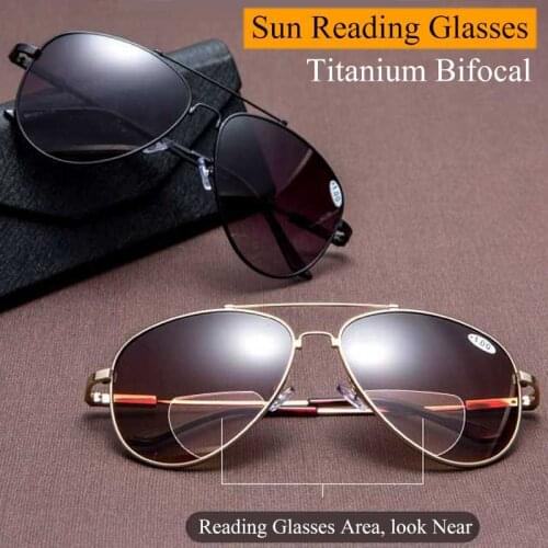 Fashion Bifocal Sun Reading Glasses Men Women Far and near dual-use Anti Blue Ray Shade the sun Readers Eyeglasses Titanium Allo