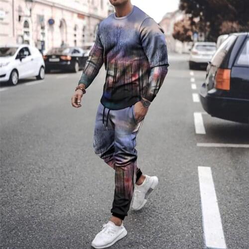 2021 new printed mens T-shirt 2-piece sportswear mens long-sleeved + pants pullover sportswear suit casual mens clothing