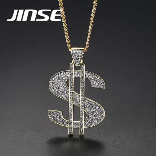 JINSE Dollar Money Big Gold Letter S Pendant Necklace Micro Paved Charm Cubic Zirconia Necklace Mens Fashion Hip hop Jewelry