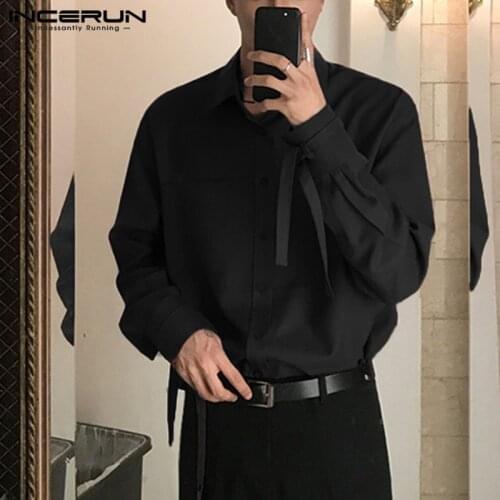 INCERUN Fashion Solid Color Buttons Camisa Korean Style Men Shirts Long Sleeve Turn Down Collar Blouse Loose Ribbon Shirts 5XL 7