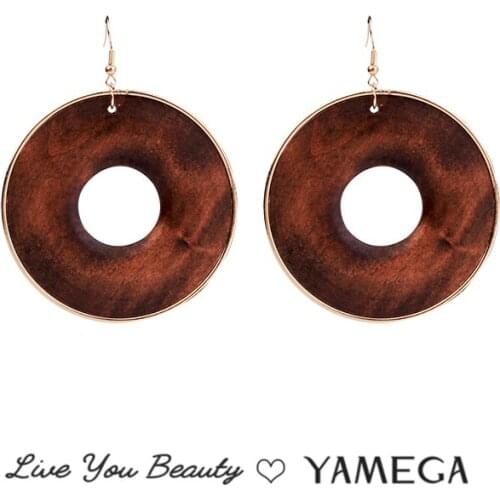 YAMEGA Big Natural Wooden Earrings Vintage Circle Gold Metal Drop Statement Earrings Fashion Jewelry Gifts For Women New Arrival